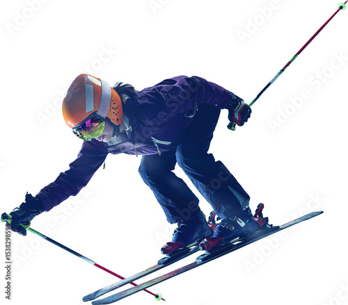 Athletic skier in orange helmet and reflective goggles performs dynamic turn mid-slope wearing full ski gear, isolated on transparent background. Concept of motion study in design. Sport competition photo