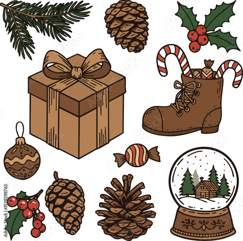 Christmas holiday decorations with pine cones holly gift box snow globe vector illustration 
