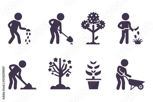 Set of gardening icons with people planting, watering, digging, and using tools. vector illustration for garden, farming, and landscaping.
