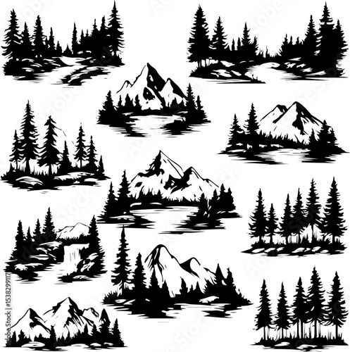 Majestic Mountain and Forest Illustrations A Collection of Hand-Drawn Nature Scenes