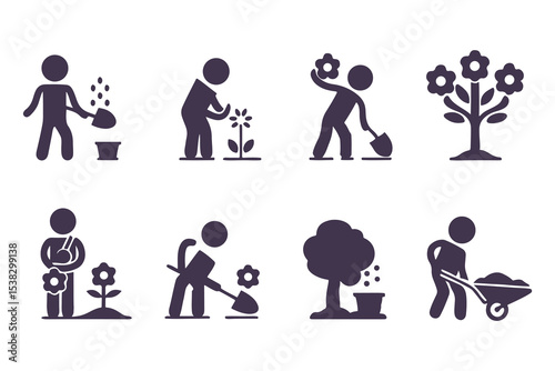 Set of gardening icons with people planting, watering, digging, and using tools. vector illustration for garden, farming, and landscaping.