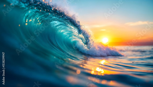 Close-up of ocean wave cresting at sunset with warm glow and soft bokeh background.









 photo