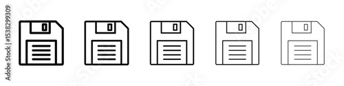 Floppy disk icons in black stroke designs on white background
