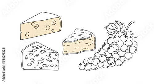 Cheese and Grapes Line Art Illustration