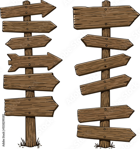 Wooden directional signposts with multiple arrows for navigation and guidance illustration vector 