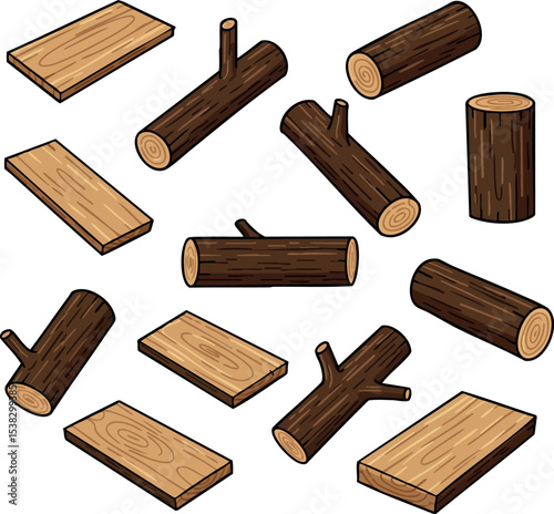 Wood Logs and Planks Vector Illustration with Natural Brown Texture for Crafting and Construction 