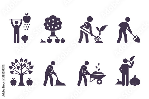 Set of gardening icons with people planting, watering, digging, and using tools. vector illustration for garden, farming, and landscaping.