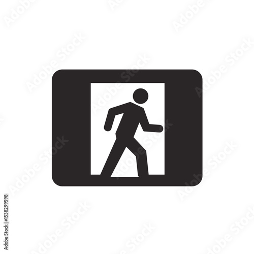 Emergency exit sign with human figure in black and white, for safety and guidance