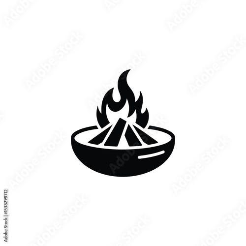 Black and White Icon of a Fire Pit with Burning Wood Logs