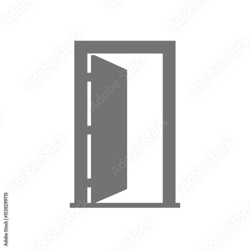 Minimalist open door icon in gray for website design, with copy space