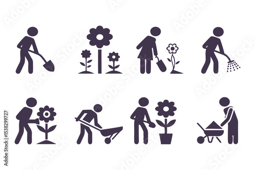 Set of gardening icons with people planting, watering, digging, and using tools. vector illustration for garden, farming, and landscaping.