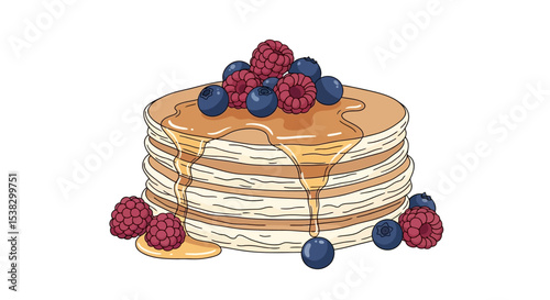 Stack of Pancakes with Berries and Syrup Illustration