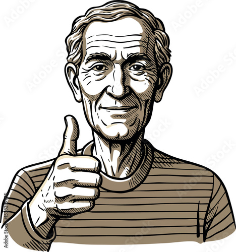 Elderly man giving thumbs up positive gesture in striped shirt vector illustration 