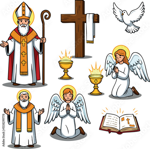 Christian religious icons bishop angels cross chalice bible vector illustration set 