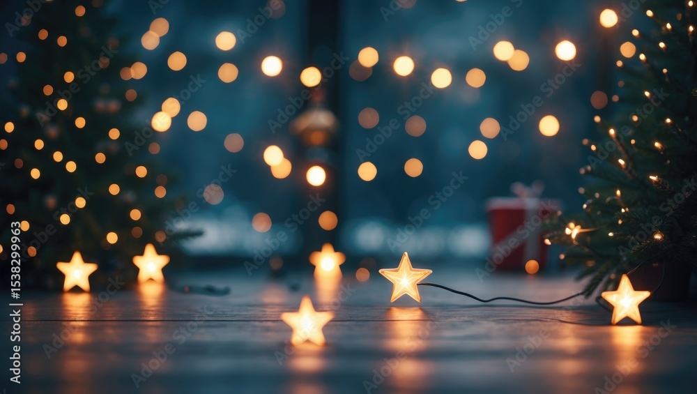 Obraz premium Christmas Light Background with holiday glowing backdrop, blinking stars, blurred bokeh, and empty space for text with Christmas decorations.