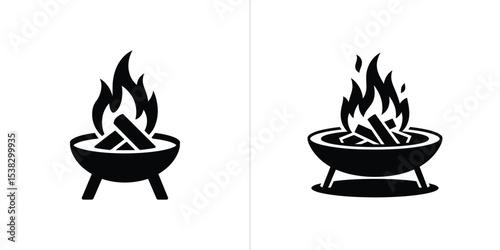 Black and White Icons of Burning Fire Pits for Outdoor Use