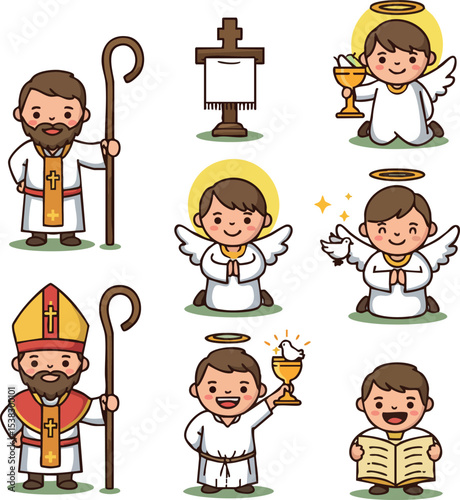Christian religious characters including priest, bishop, angels with chalice and bible vector illustration 
