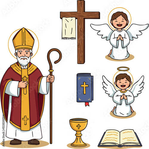 Saint Nicholas with Christian religious symbols and angels vector illustration 