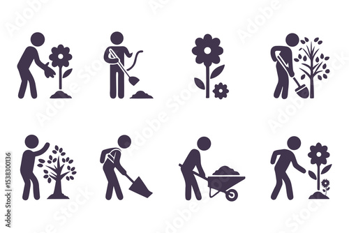 Set of gardening icons with people planting, watering, digging, and using tools. vector illustration for garden, farming, and landscaping.