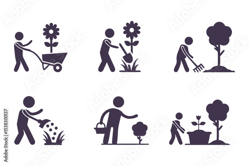 Set of gardening icons with people planting, watering, digging, and using tools. vector illustration for garden, farming, and landscaping.