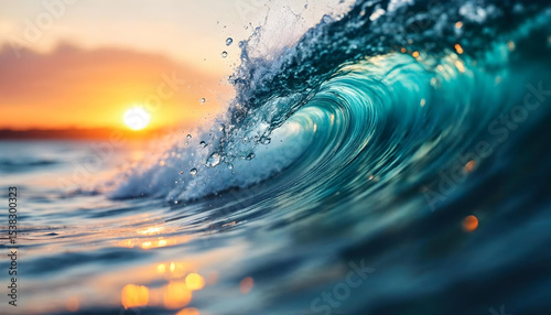 Close-up of ocean wave cresting at sunset with warm glow and soft bokeh background.









 photo