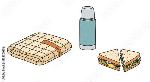 Picnic Essentials: Blanket, Thermos, and Sandwich