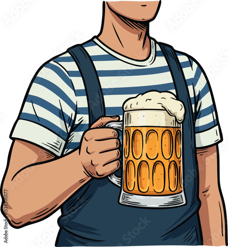 Man holding frothy beer mug wearing striped shirt and blue overalls vector illustration 