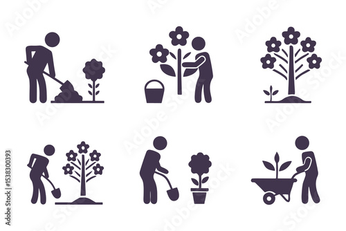 Set of gardening icons with people planting, watering, digging, and using tools. vector illustration for garden, farming, and landscaping.