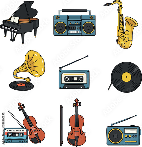 Vintage and modern musical instruments collection including piano, saxophone, violin, gramophone, cassette, and radio vector illustration 