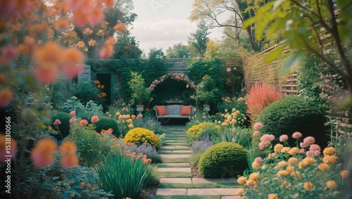 Garden And Landscape Design with beautiful flowers and shrubs. photo