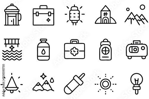 Collection of simple black and white line art icons representing various objects and elements