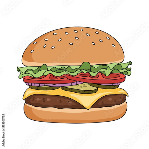 Delicious Cartoon Hamburger with Fresh Ingredients