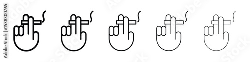 Hand holding cigarette icons in black stroke designs on white background