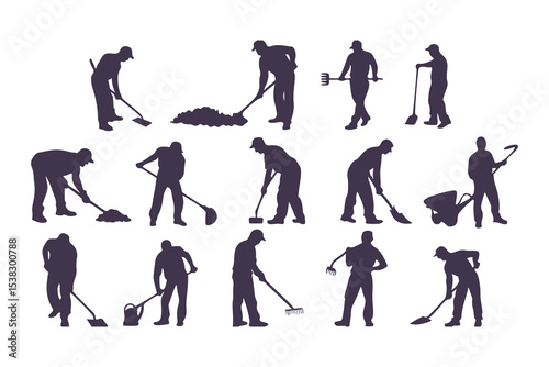 Silhouettes of workers performing outdoor tasks with tools. vector set of people digging, sweeping, raking, spraying, and cleaning.