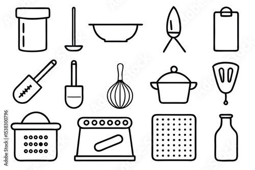 Simple black and white line art kitchen utensils and appliances for cooking and baking with various tools