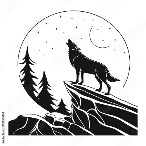 Wolf howling at the moon vector silhouette design