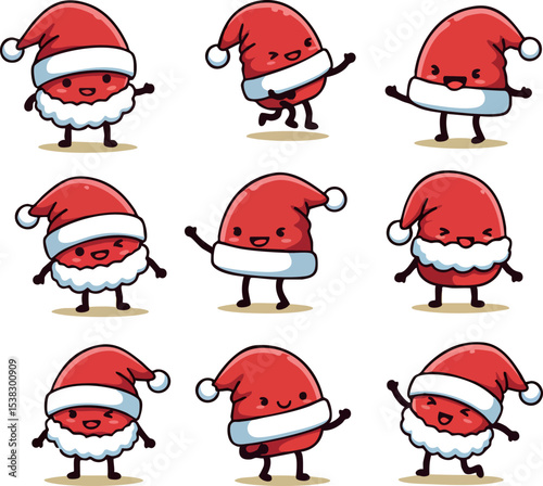 Santa Claus Cute Cartoon Characters in Red Hats with White Fur Trim Vector Set 