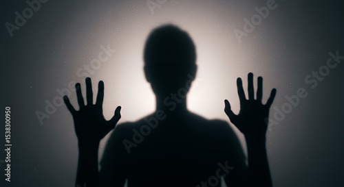 Silhouette Figure Pushing Hands Against Translucent Surface Creates Mystery