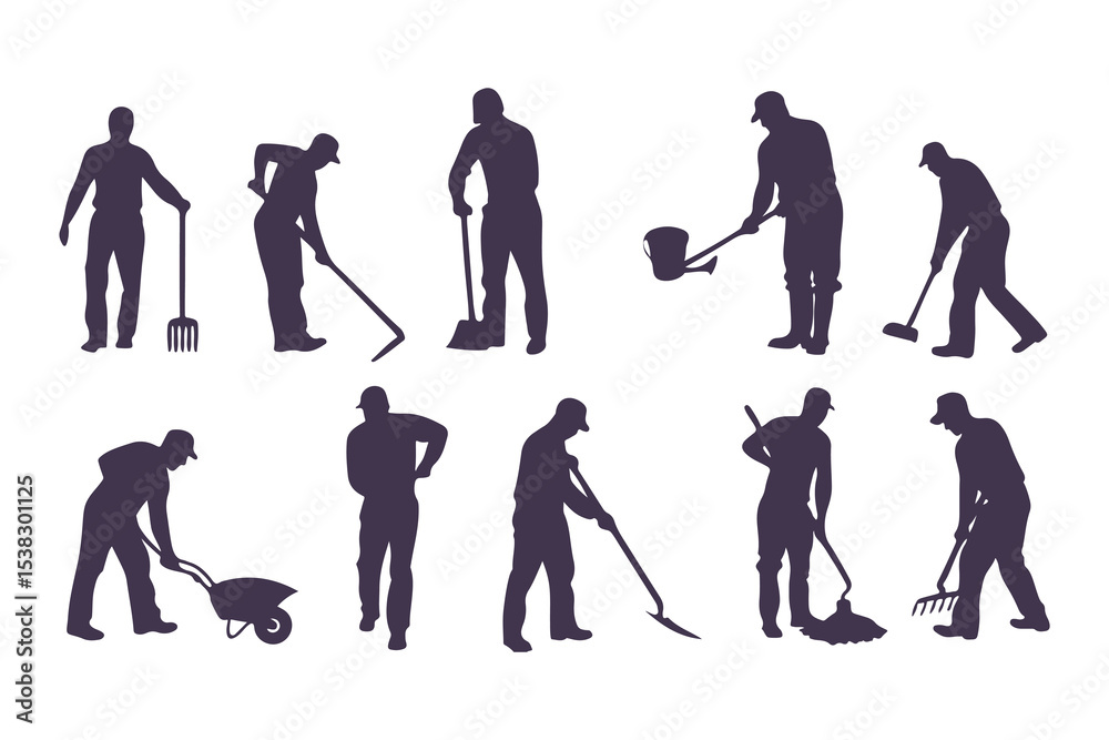 Obraz premium Silhouettes of workers performing outdoor tasks with tools. vector set of people digging, sweeping, raking, spraying, and cleaning.