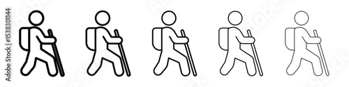 Hiking icons in black stroke designs on white background