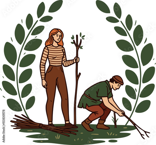 Man and Woman Collecting Firewood Outdoors with Green Laurel Wreath Frame Vector Illustration 