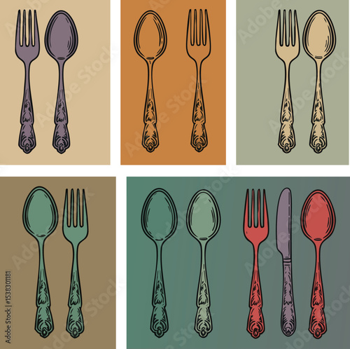 Vintage silverware spoon fork and knife set on colorful retro backgrounds vector illustration 