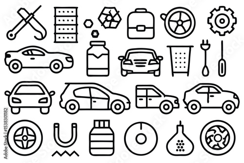 Set of automotive vector icons representing car components vehicles tools and various related elements in a simple line art style