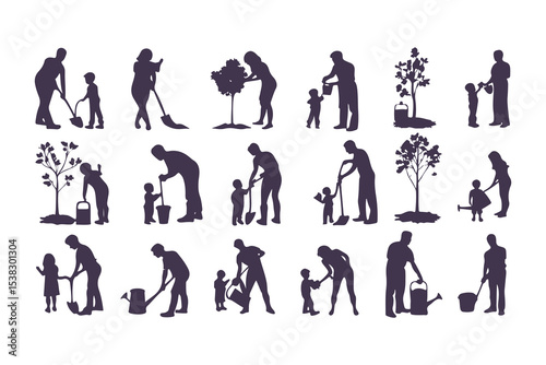 Silhouettes of people gardening. vector set of men and women planting, watering, digging, and taking care of plants and flowers.