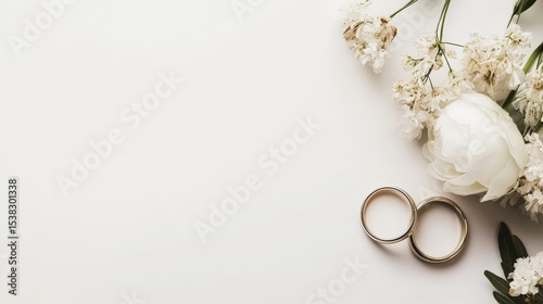 Golden wedding rings and delicate white flowers arranged on white background with ample copy space, perfect for wedding invitation or bridal concept
