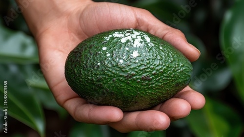 A hand holds a speckled avocado