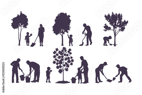 Silhouettes of people gardening. vector set of men and women planting, watering, digging, and taking care of plants and flowers.