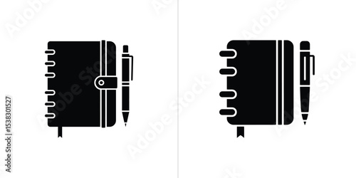 Black and White Planner and Pen Icon Set, Journal Design, Stationary, and Office Supplies