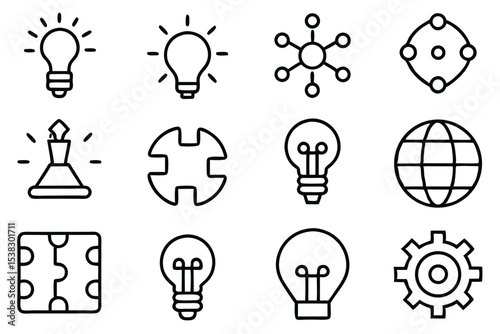Collection of minimalist line art icons featuring ideas solutions networking and global concepts