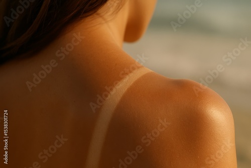 Wallpaper Mural Tanned female back and shoulder with visible bikini tan line on beach background, close-up summer sun exposure concept Torontodigital.ca